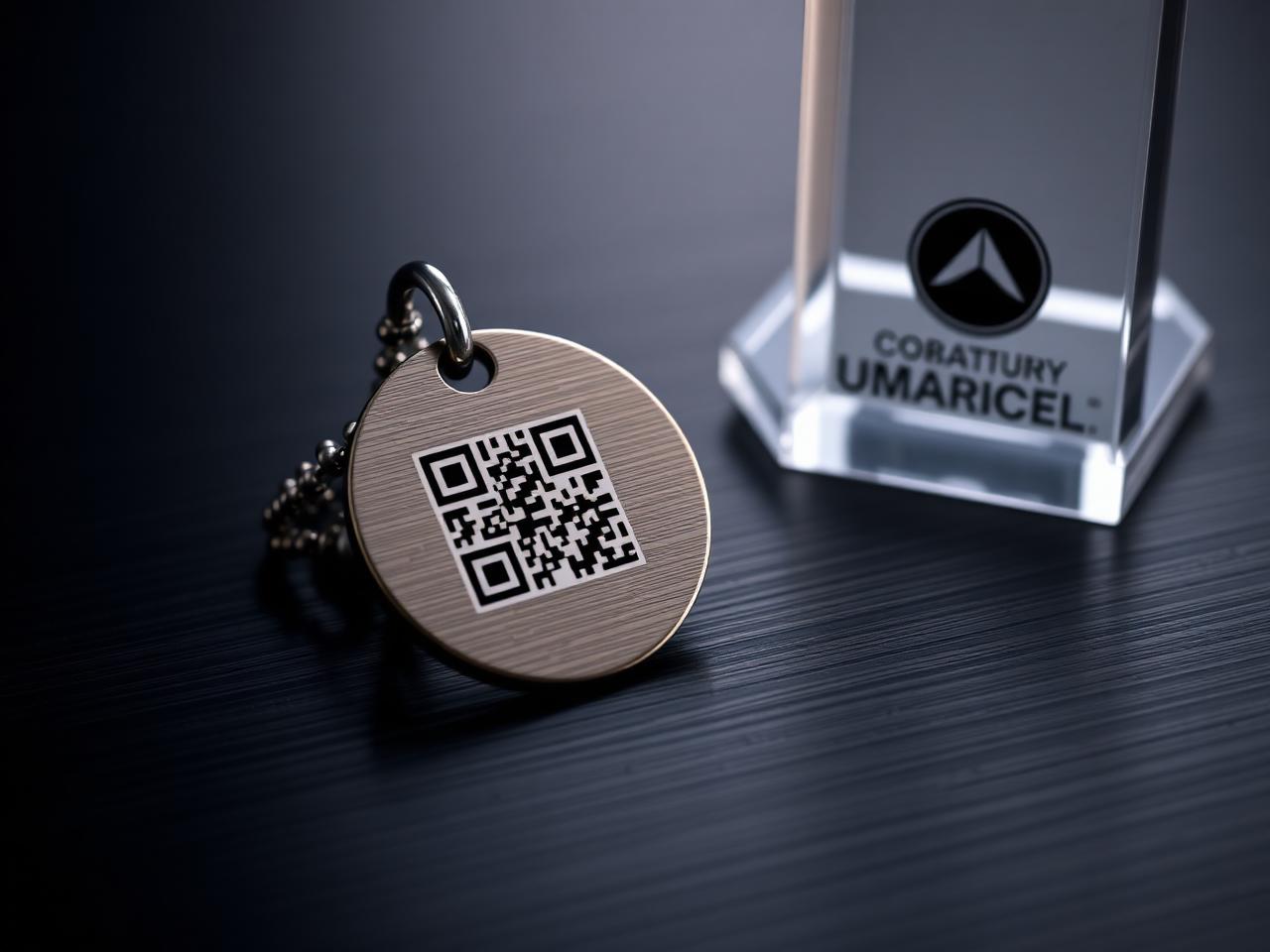 Custom branded Pup Finder dog tag with QR code beside dealership-branded display