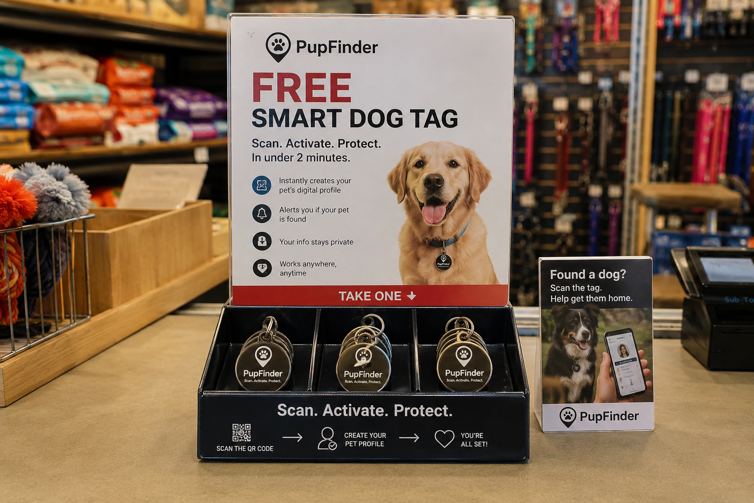 Compact PupFinder counter display next to checkout
